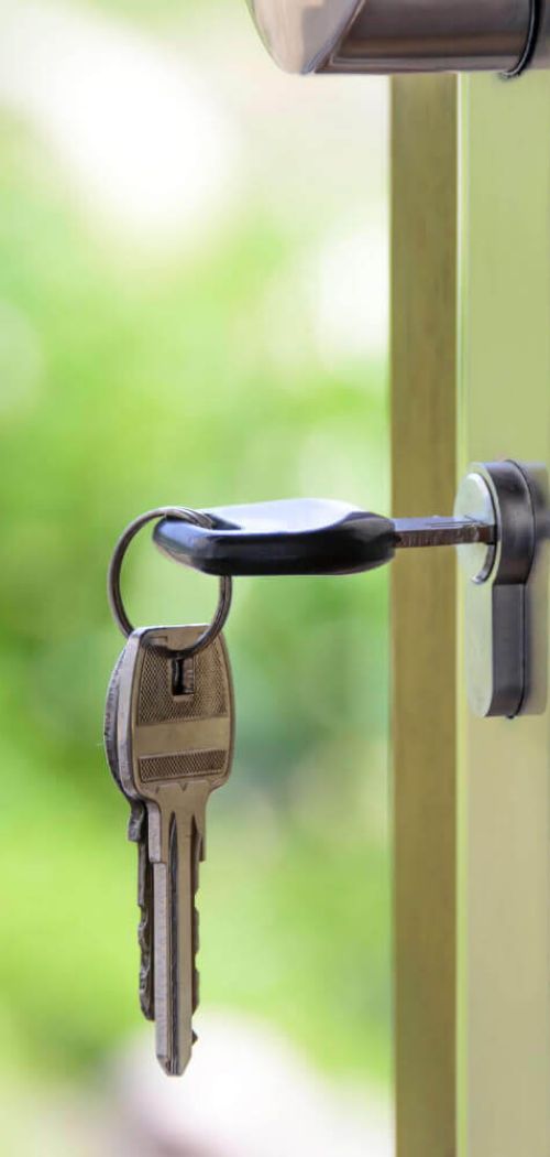 A set of silver keys hangs from a black-headed key inserted into a door lock, with a blurred green outdoor background.